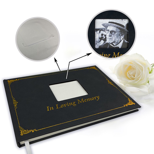 Custom Funeral Guest Book with Picture Pocket Gold Embossed Leather Hardcover Signature Memory Sign in Book
